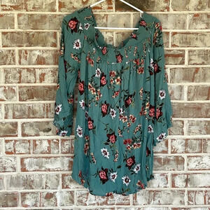 Kori Teal Crinkle Floral Smock Neck Blouse